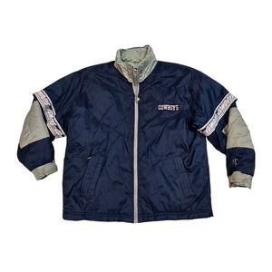 Vtg 90s Pro Player Dallas Cowboys Full Zip Puffer Coat Jacket Mens L Blue Silver